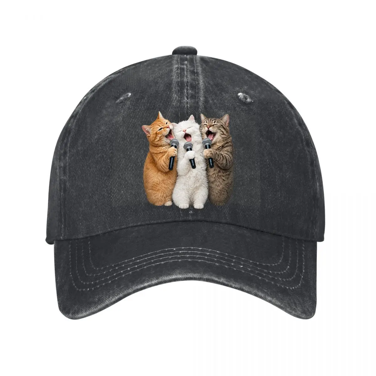 Three Singing Cats Holding Microphones Funny Music Theme New Vintage Washed Cotton Baseball Cap Sun Hats