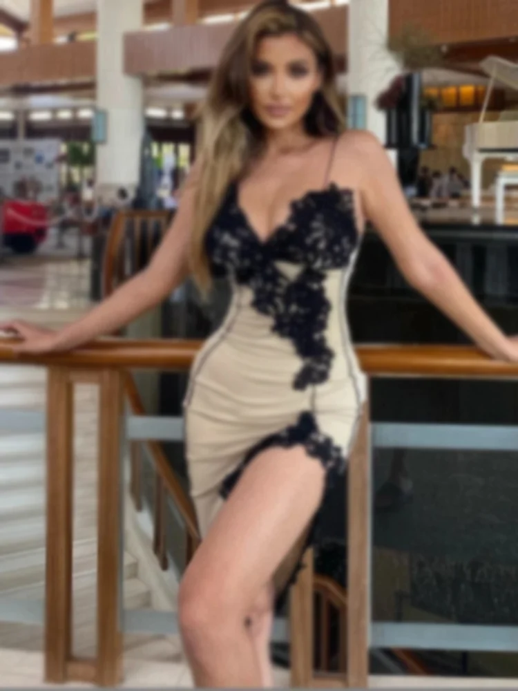 

Sexy Deep V Applique Suspender Dress Women Slim Backless Split Party Mini Vestidos 2024 Sleeveless Night Club Outfits
