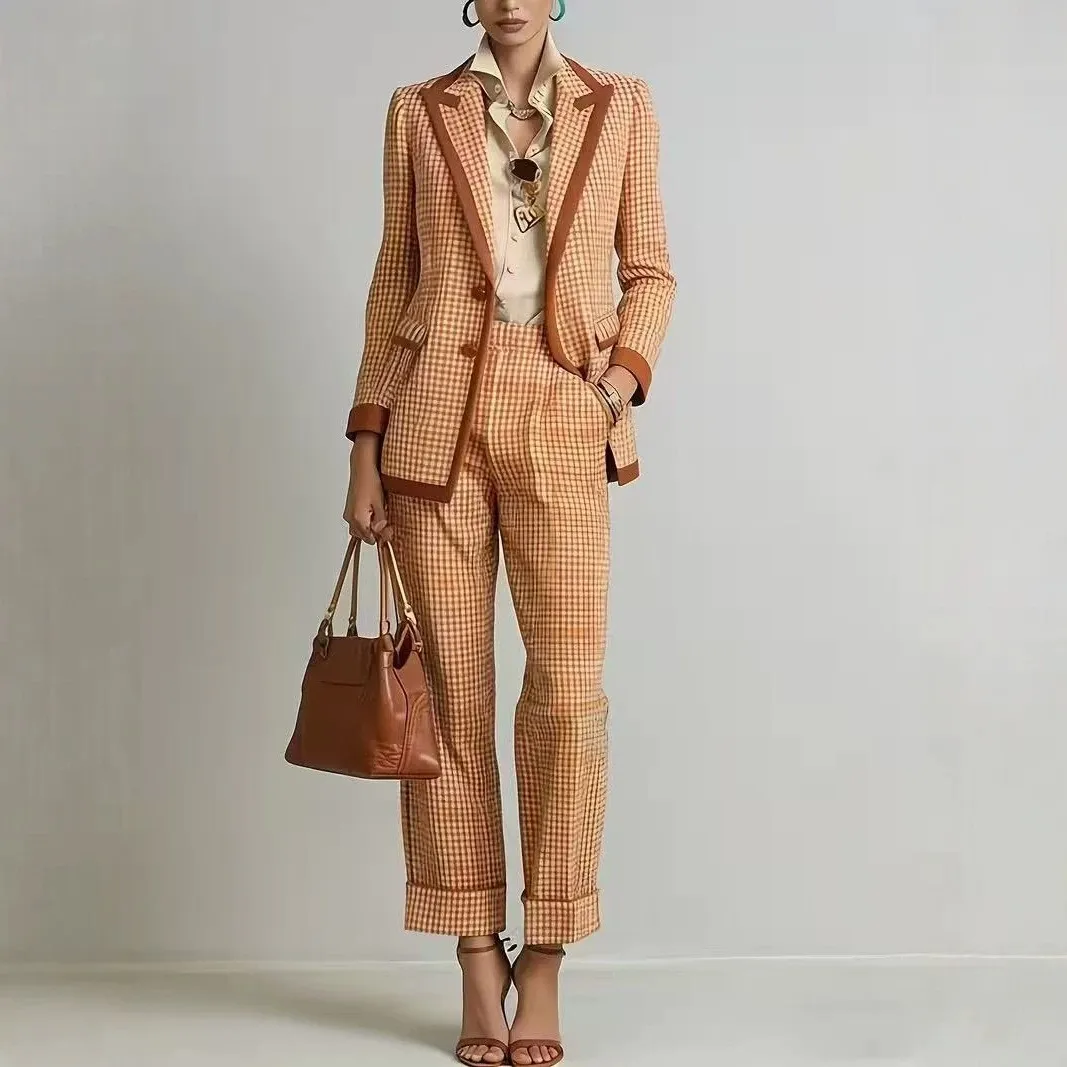 Long Sleeve Set Check Pattern Full Length Elegant with Plaid Pattern Graceful Commuting Blazer Top Autumn Elegant Women Sets