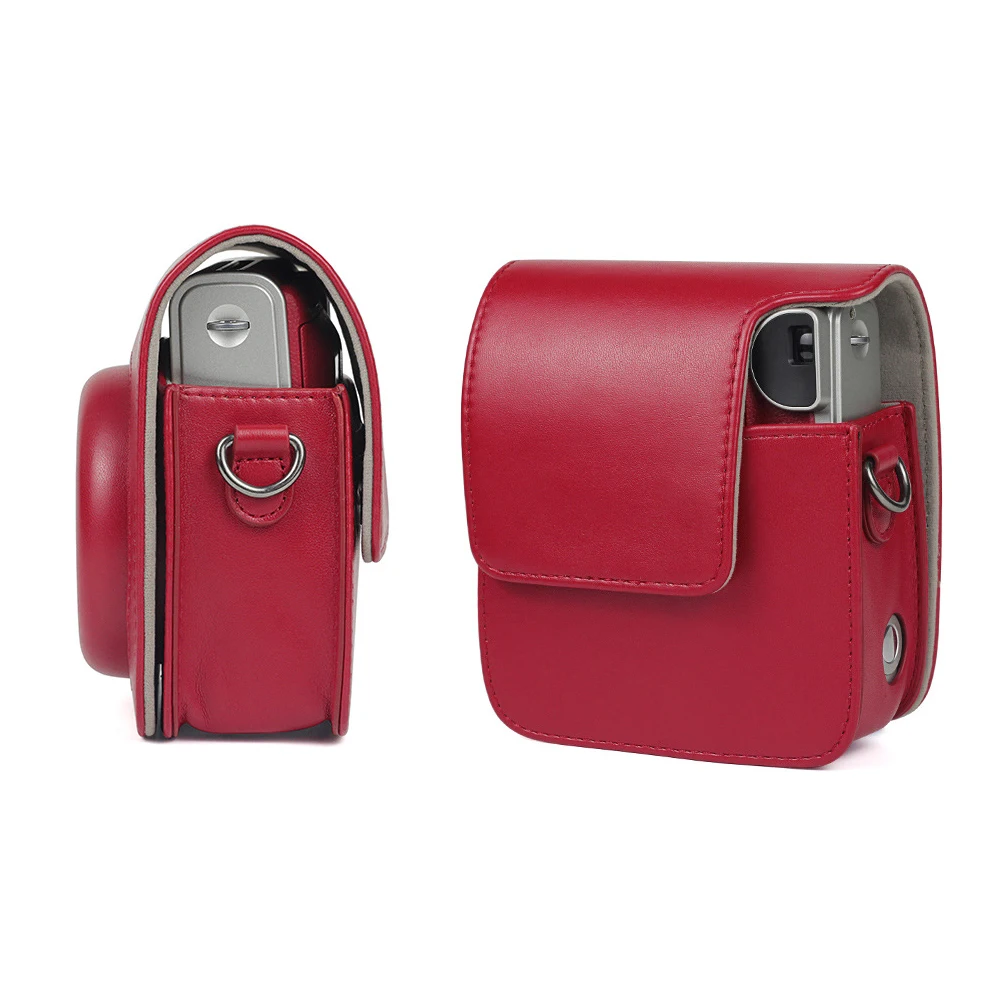 Funda protectora clásica de cuero PU para cámara, Compatible con Fujifilm Instax Mini 90 con correa para el hombro, funda Instax roja, negra/marrón