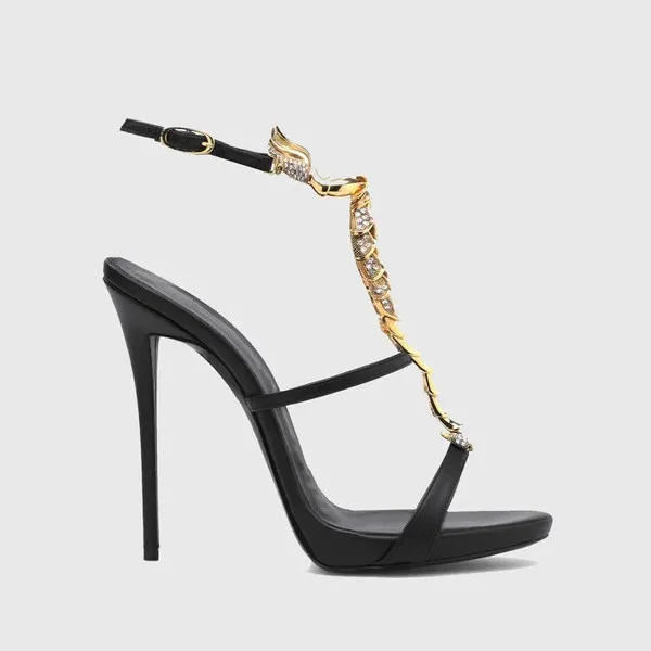 Sexy Schwarz Bling Strass Metall Dekoration Runde Kappe Sommer Frauen Sandalen Stiletto High Heels Schnalle Große Größe Schuhe