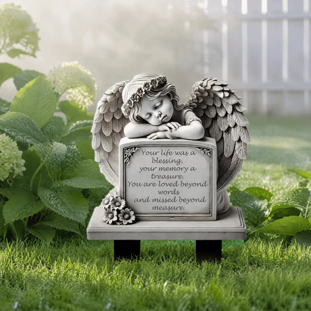 Commemorative Design Garden Angel Statue Grey Human Memorial Angel Tombstone Plaque 5.11x7.8in Garden Decoration