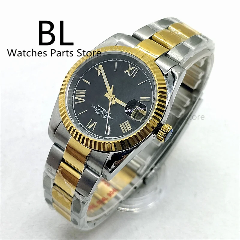 

BLIGER 36mm/39mm Watch For Men NH35 Movement Fluted Bezel Sapphire Glass Two Tone Gold Roman Numbers Black Dial Date Steel Band