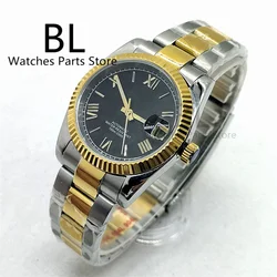 BLIGER 36mm/39mm Watch For Men NH35 Movement Fluted Bezel Sapphire Glass Two Tone Gold Roman Numbers Black Dial Date Steel Band