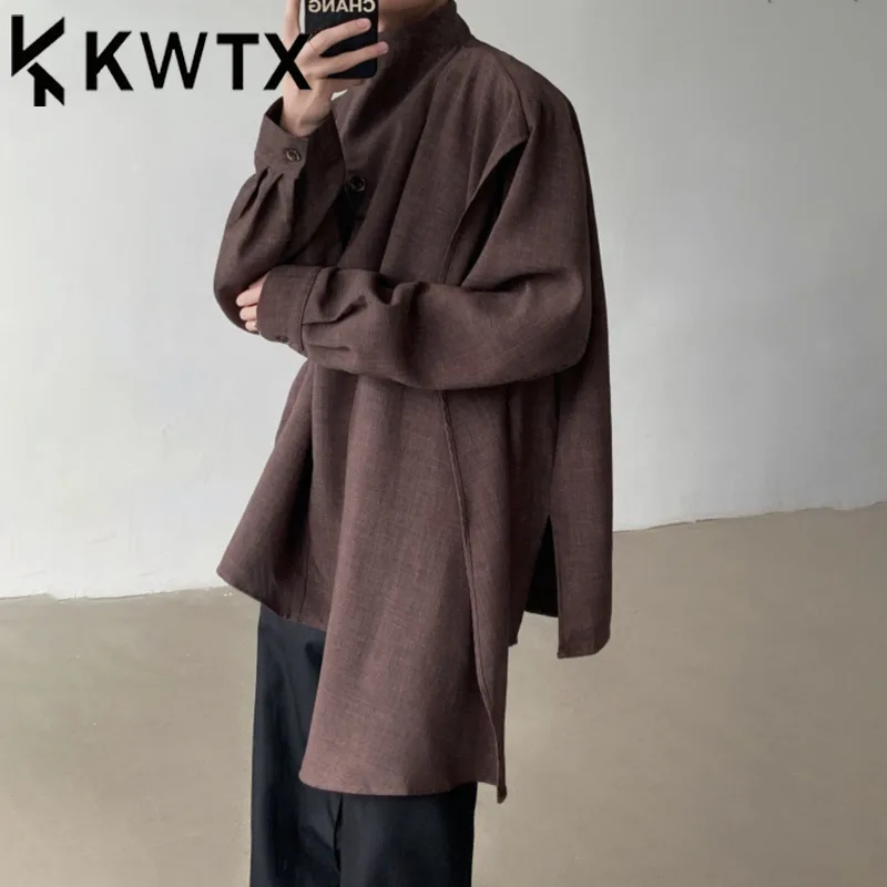 

KWTX Women's Linen Shirt Coat 2025 Stand Collar Draped Scarf Patchwork Single Breasted Vintage Chic Casual SolidNew Elegant