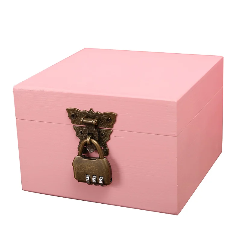 Wooden Box Storage Box Jewelry Box with Lock Desktop Storage Box Pink Password Box Small Box Jewelry Box Secret Box