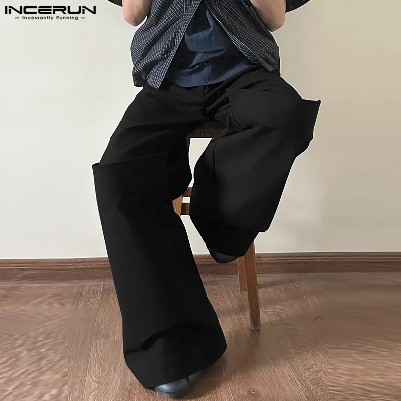 

INCERUN 2025 Korean Style Pantalons Fashion Men's Solid Color Male Pants Casual Simple Loose Wide Leg Trousers Men S-5XL