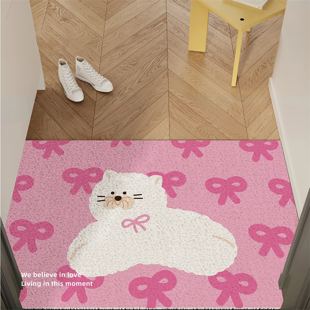

Нескользящий грязеотталкивающий напольный коврик в корейском стиле, входной ковер для прихожей, можно разрезать Kawaii, мультяшный кот, бант, розовый, синий напольный коврик