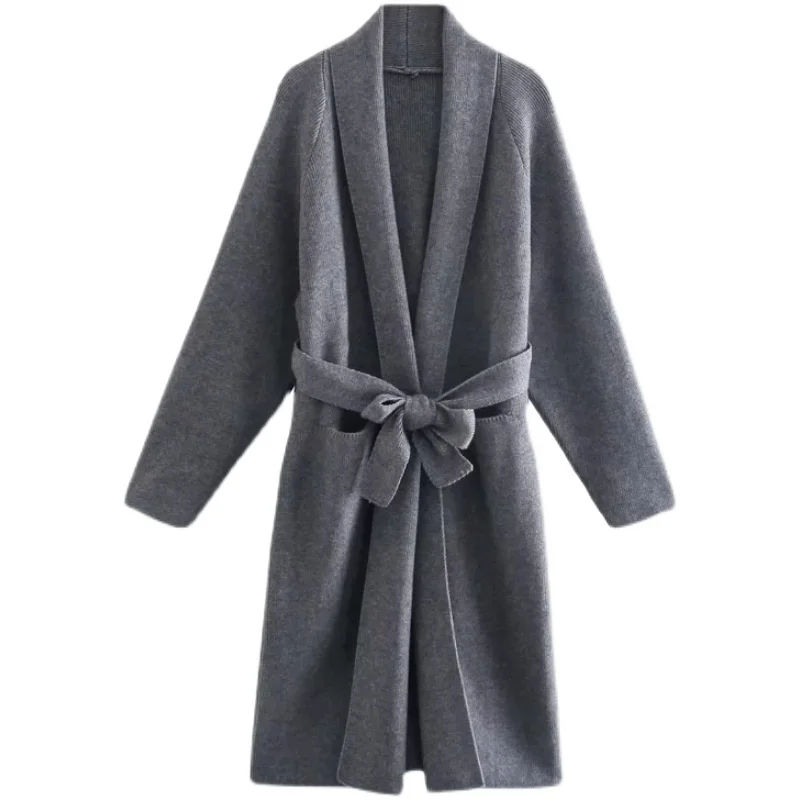 Faionable Knitted Sweater with Belt for Women Versatile Autumn Wear Comfortable Wool Material Long Sve Mid-Length Cardigan