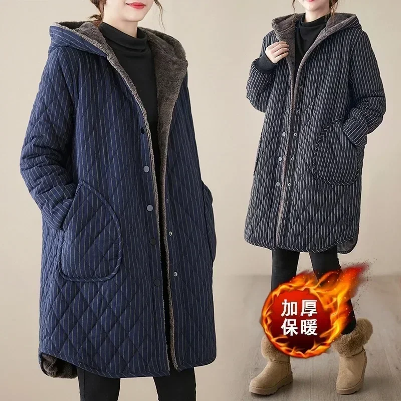 Casual Winter Jackets Stripe Hooded Quilted Thicken Coats Women's Clothing Large Size Long Parkas Winter Cotton Coats 1987ERFW