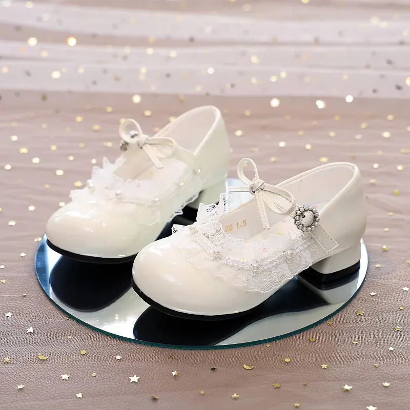 

Girls Spring Autumn Lolita High Heels Fashion Leather Shoes Little Girls Soft Soles Bows Lace Princess Shoes Solid Color Velcro