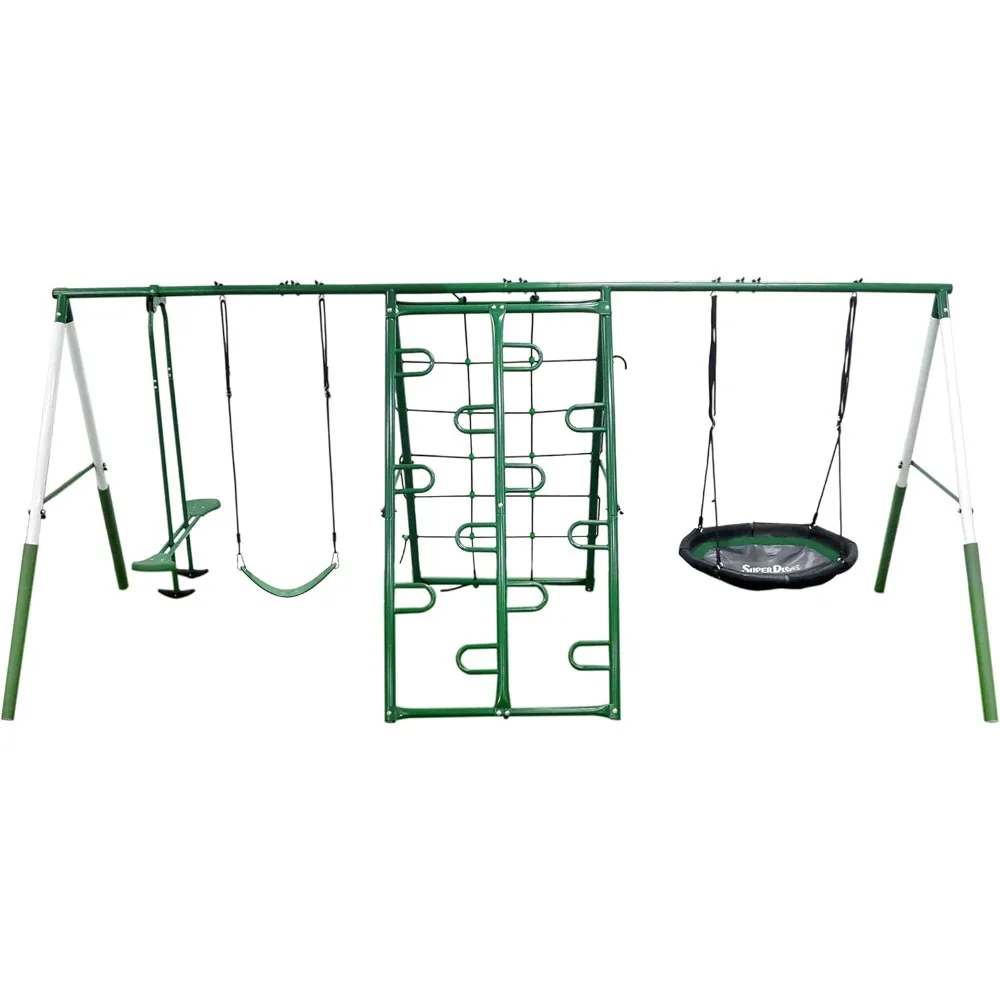 

Metal Backyard Playground Set: Swing, Climb, Glide for 7 Users with 5 Stations, 176" Long x 69" Wide x 73" Tall by XDP Recreatio