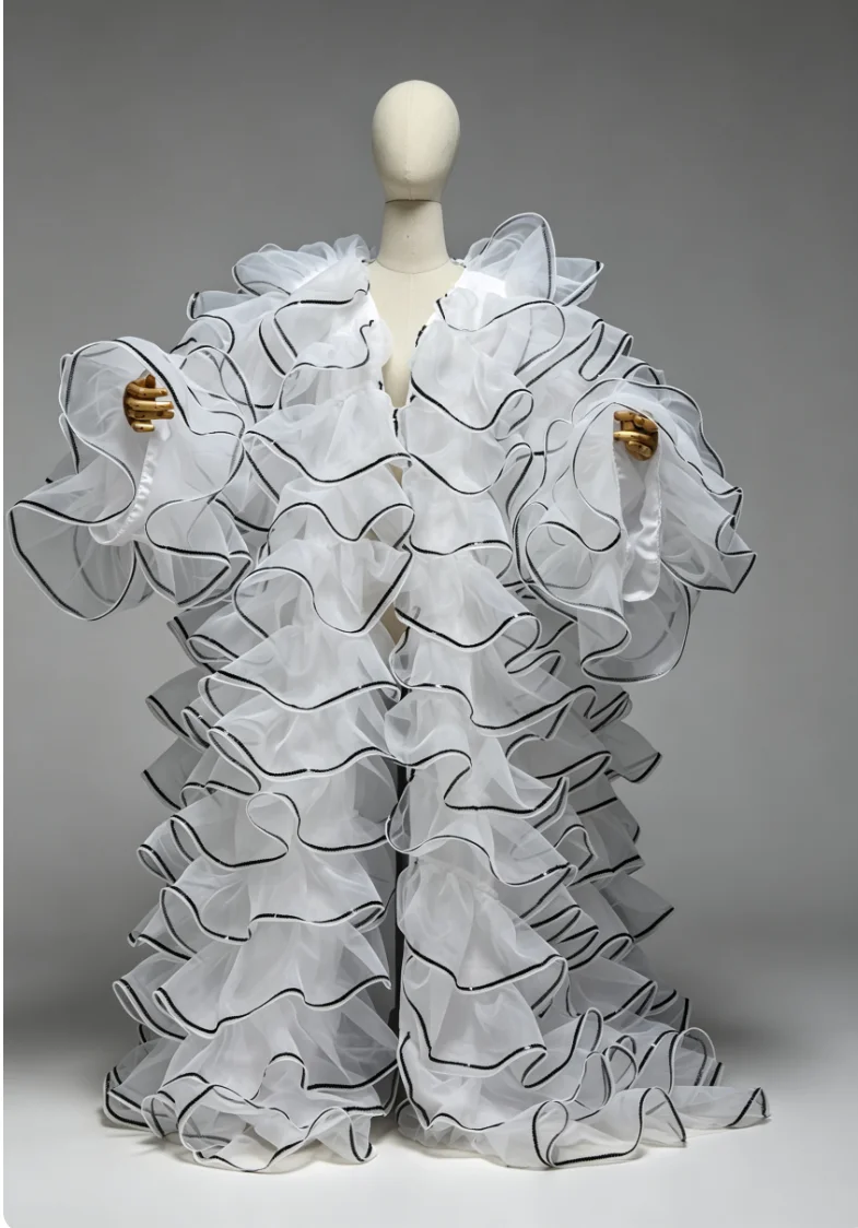 Luxury Ruffled Organza Long Sleeve Jacket Sequin Trim Oversized Robe For Wedding Photo Shoot Club Stage Show custom color