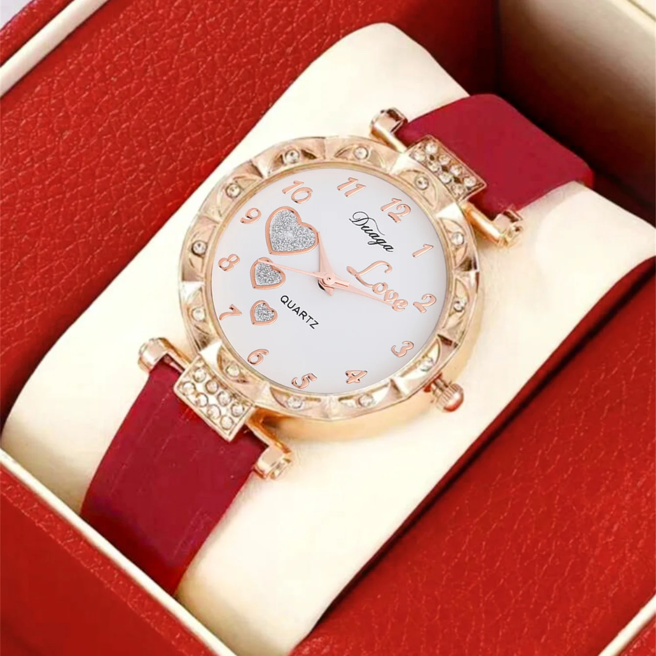 5-piece set of women\'s trendy and versatile college light luxury leather with diamond inlaid wrist watch, love quartz watch