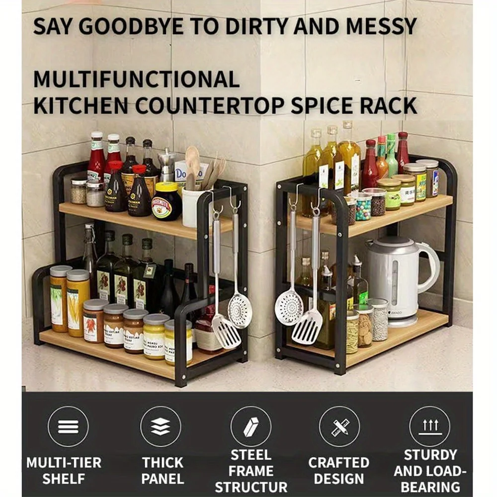 

Freestanding Countertop Spice Shelf 2 Tiers 20 Seasoning Organizer Shelf Black Wood Kitchen Storage Shelves for Bathroom Counter