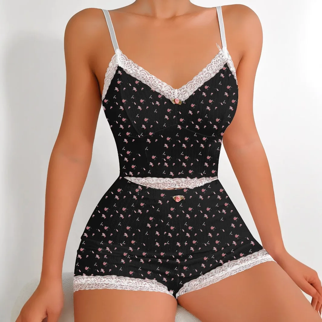 Floral Lace Trim Cami Crop Top And Matching Shorts Set Featuring Elegant Look For Women Sexy Erotic Lingerie Costumes Outfits