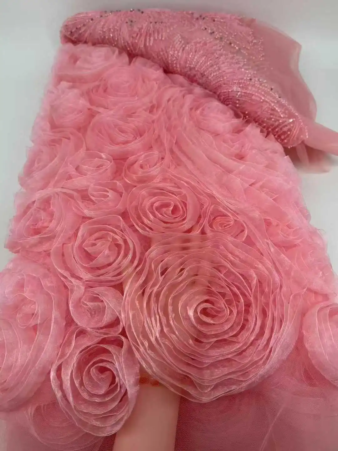 

Pink 3D Lace African Beaded Lace Fabric 5 Yards Nigerian Tulle Sequined Lace Fabric Party Women's Wedding Dress Sewing