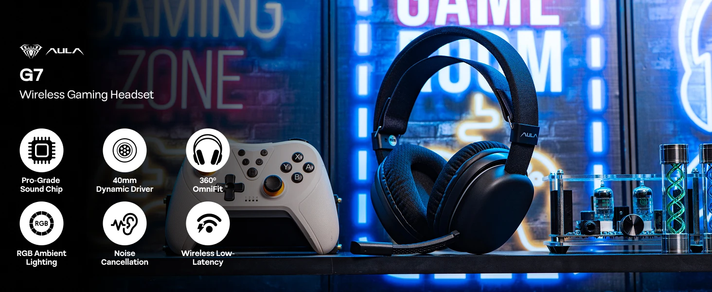 AULA G7 Kabelloser Gaming-Kopfhörer mit Kabel/BT/2,4 GHz und abnehmbarem Mikrofon mit Geräuschunterdrückung, RGB-Beleuchtung für PS4/PS5/PC/Switch – Detail 1