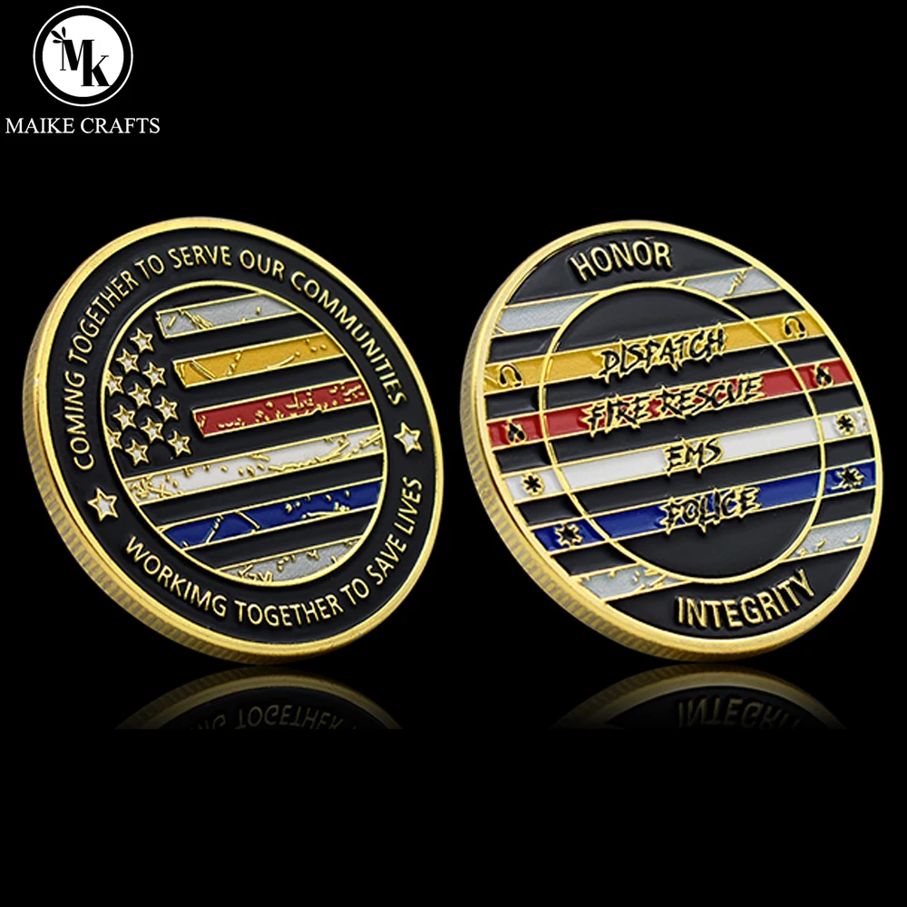 United States American Police, EMS, Fire Rescue, Dispatch Commemorative Medal Honor Gold Plated Challenge Coin Collection Gift