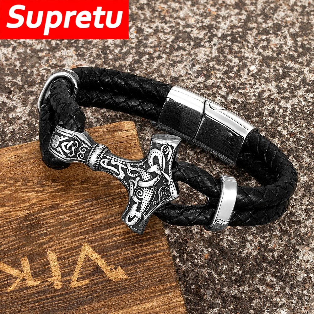 Punk Vikings Thors Hammer Leather Bracelet Men Stainless Steel Norse Runes Mjolnir Bangle Vintage Scandinavian Jewelry Male Gift