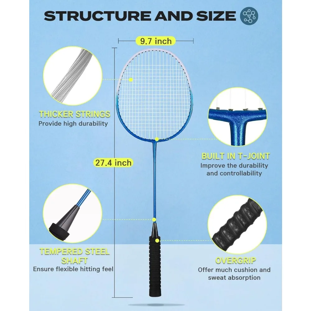 Raket bulutangkis Set 4, termasuk 4 raket, 12 Kok nilon, 4 pita pegangan pengganti, dan 1 tas pembawa.