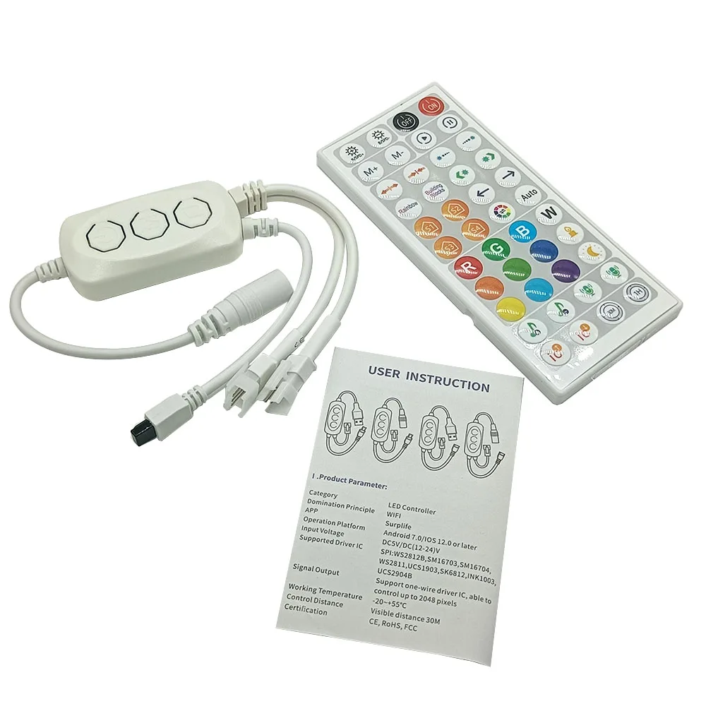 

RGB Controller DC12- 24V W2812 Pixel LED Dimmer WiFi in Bluetooth Dual Mode Music Timing Control with 44 Key IR Remote