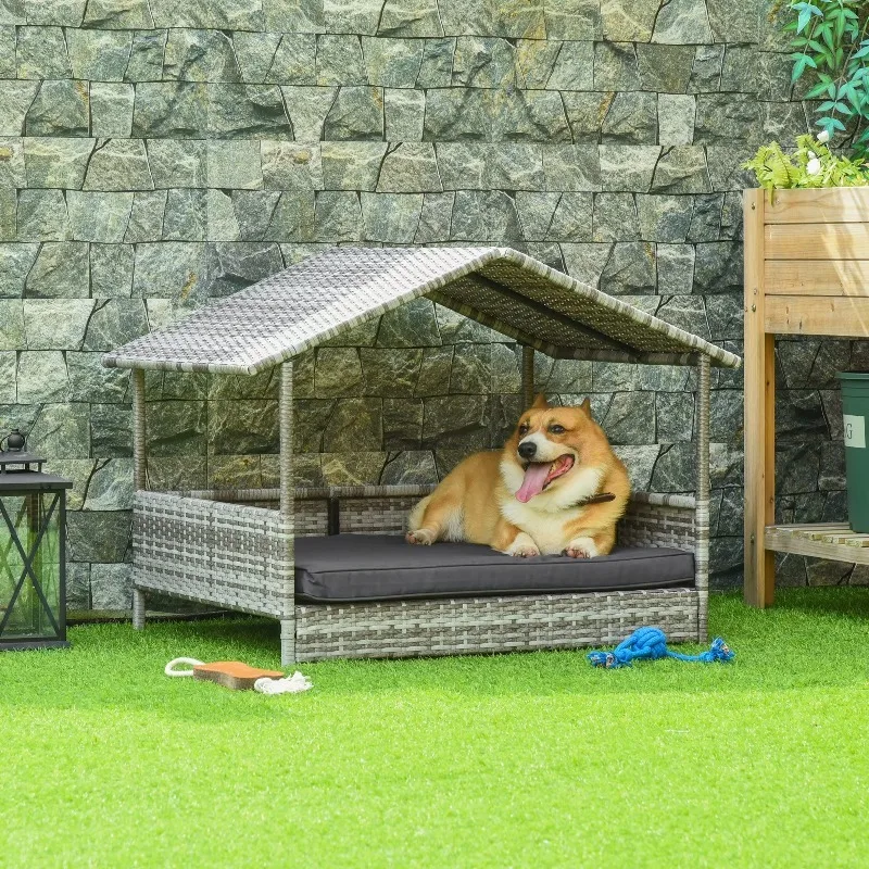 Grey Elevated Wicker Dog House Indoor Outdoor Raised Rattan Bed with Removable Cushion