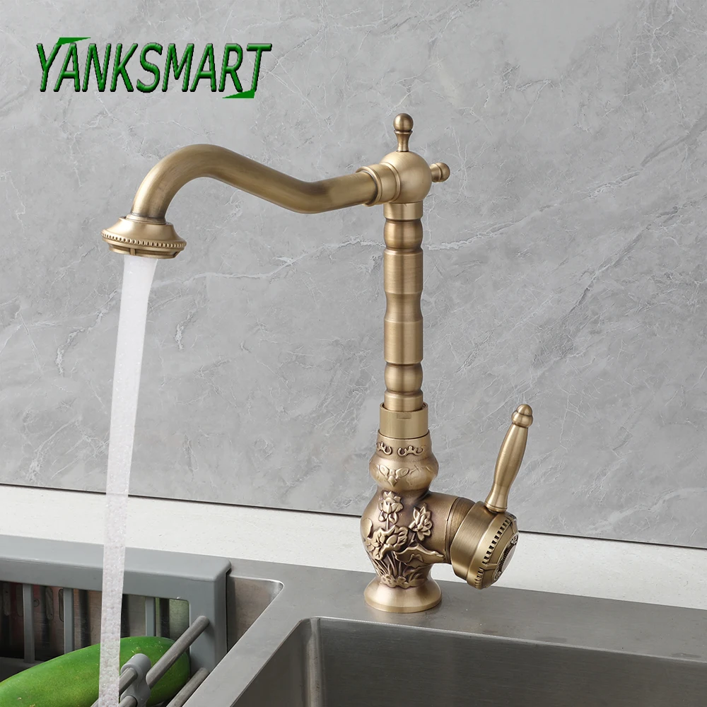 

YANKSMART Antique Brass Bathroom Faucet Basin Sink Carving Tap Rotation Single Handle Mixer Taps Bathroom Vessel Sink Faucet