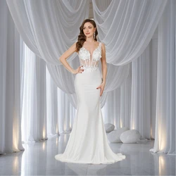 2024 Popular White Elegant Mermaid Wedding Dress Floral Lace Beaded V neck Sleeveless Appliques Floor Length Bride Gown Evening