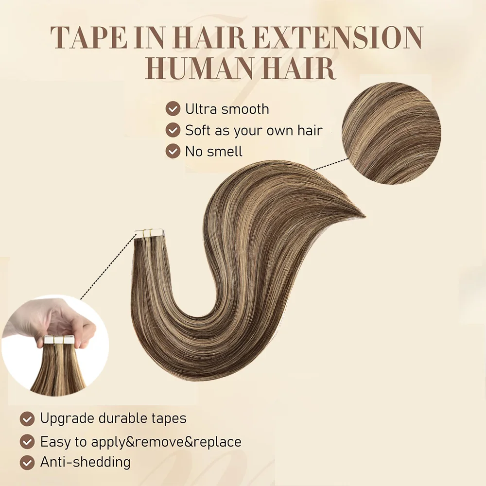 Cinta en extensiones de cabello humano, 12-24 ", 20 piezas de cabello Remy brasileño, cinta Invisible recta sin costuras