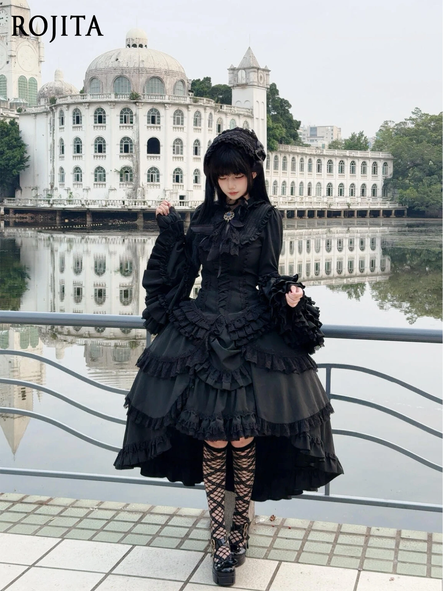 

Dark Gothic Heavy Industry Style Ji Sleeve Shirt and Skirt Two-Piece Set for Women Black Lolita Heavy Industry Lolita Suits