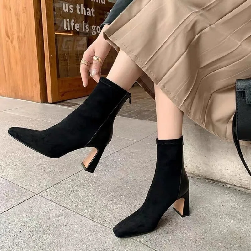 Square Toe Thick Heel Women's Korean Fashion Short-tube High-heeled Suede Socks Boots Elastic Slim Boots