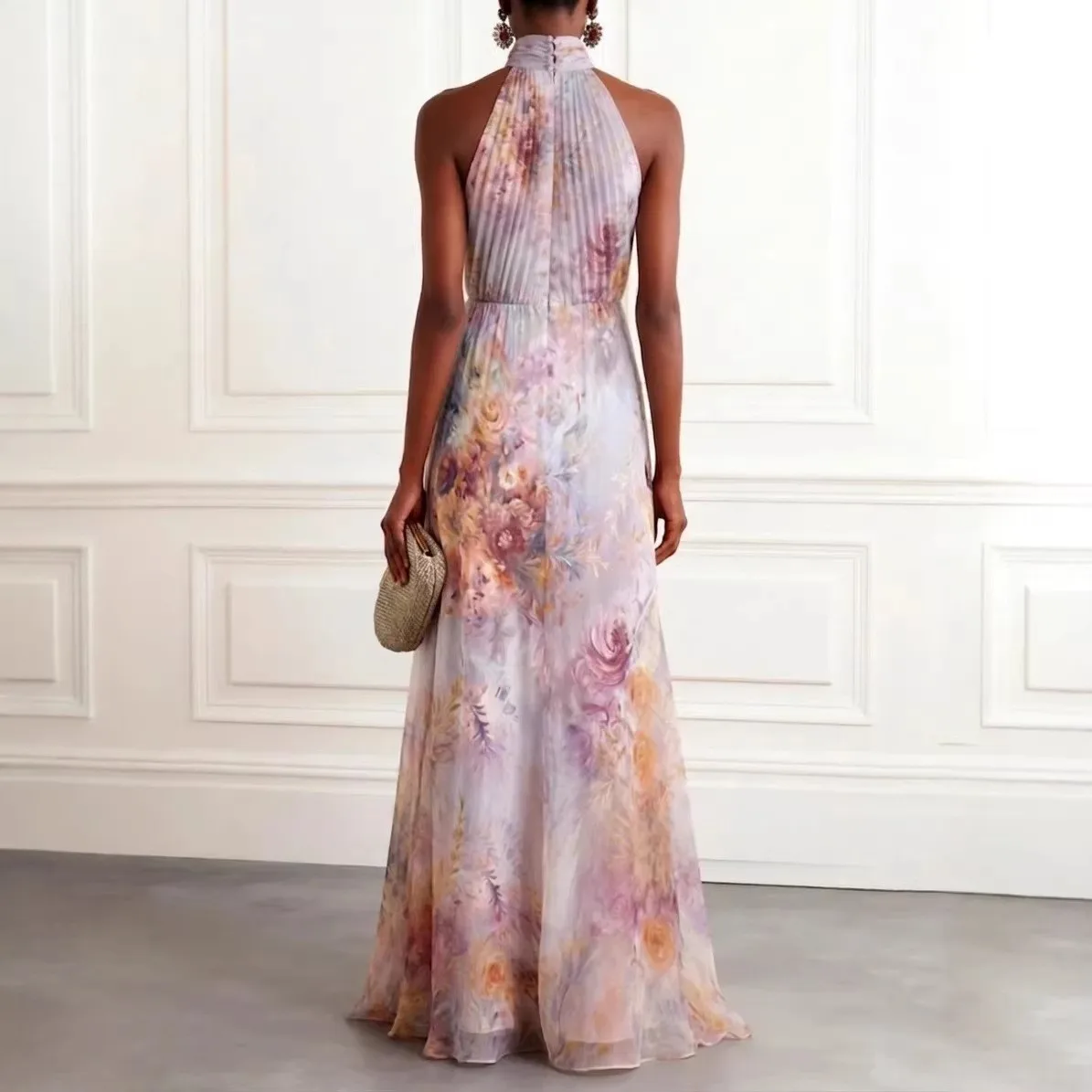 Halter Neck Printed Gown Maxi Length Street Style with Party Dresses High Waist Fresh Sweet Spring Party Dress for Women
