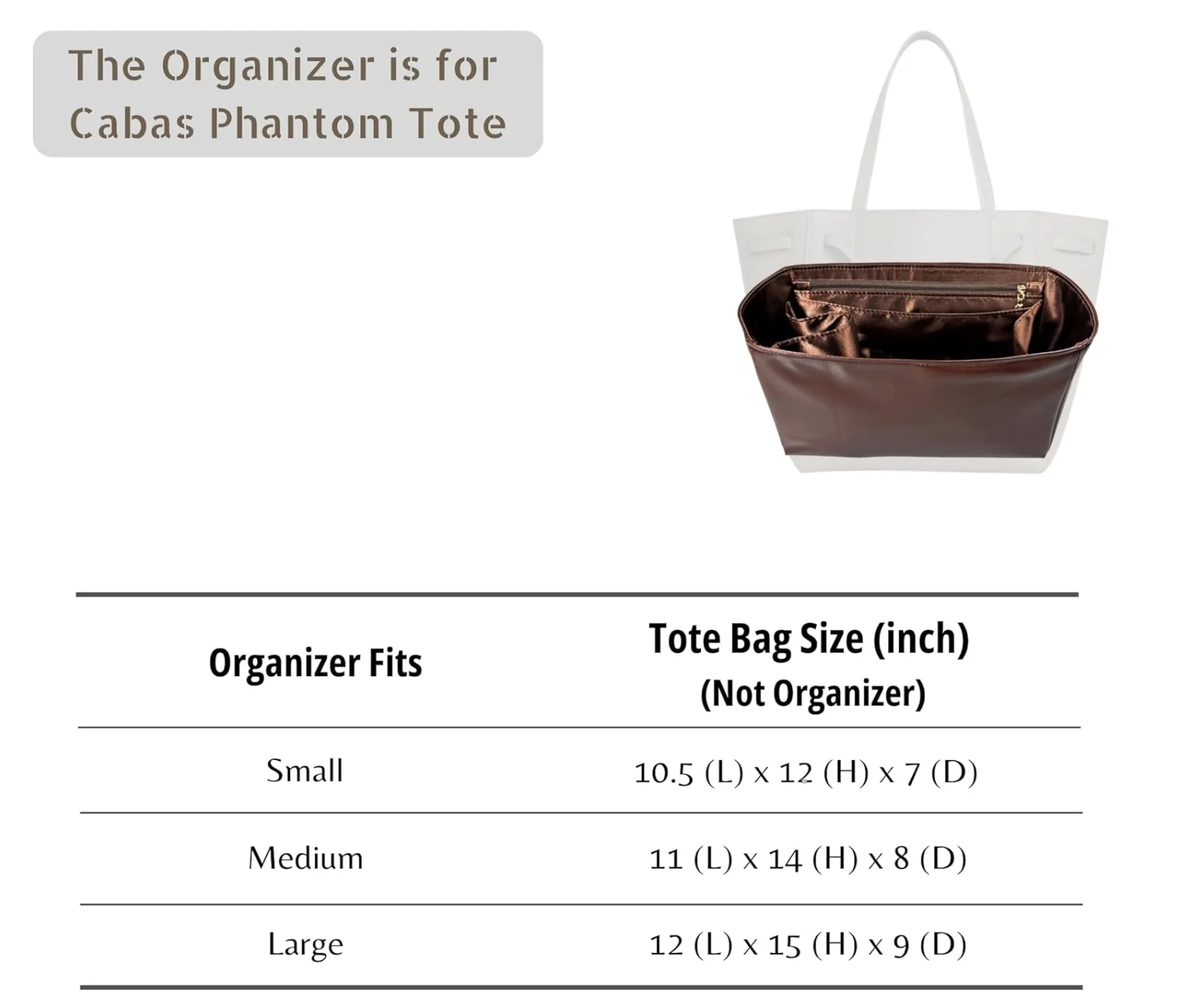 Satin Silk Lining Insert for Cabas Phantom Small/Medium, Waterproof Vegan Leather, Tote Bag Purse Organizer with Zipper Pocket