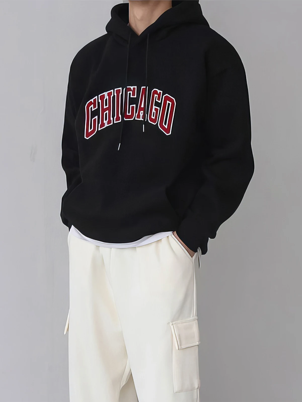 

Black Embroidered Oversized Hoodie Men's Casual Warm Outerwear American Style Loose Fit Youth Popular Long Sleeve Sweatshirt