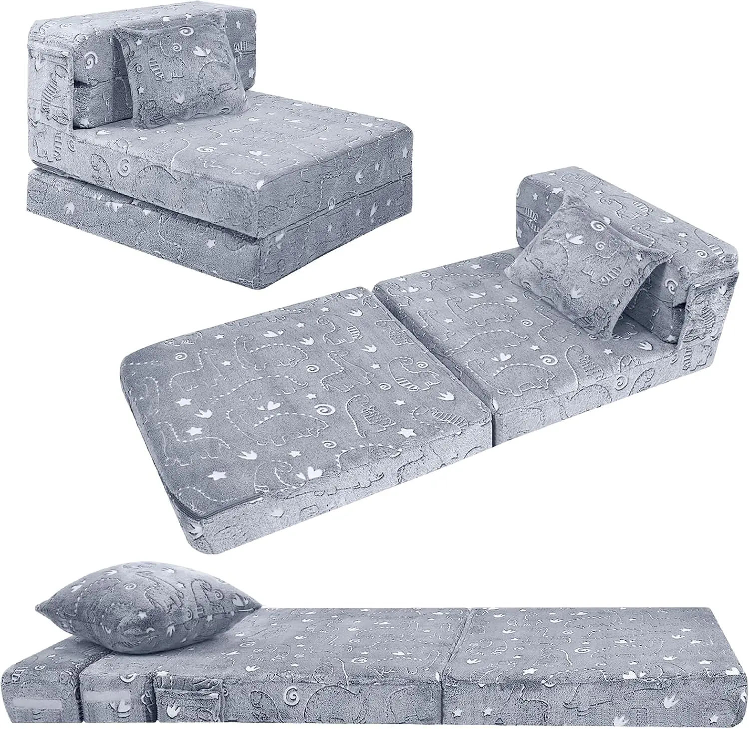 Kids Floor Mattress with Glow Dinosaur Design, 8-Inch Grey Trifold Sofa Bed