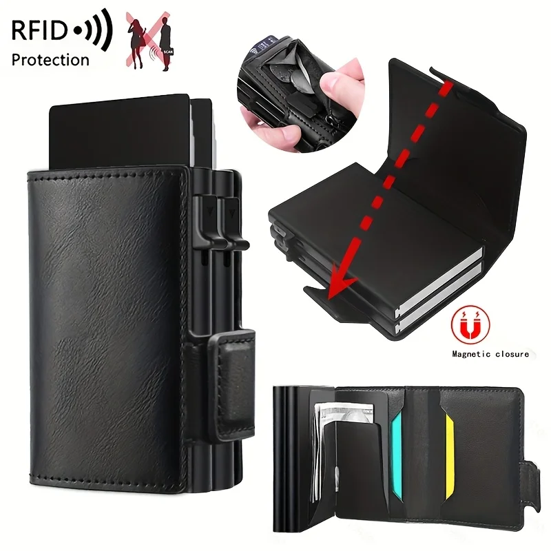 2026 New double-layer Pu Leather RFID Card Holder Card Case Clutch Pop-up Wallet Aluminum Box Slim Smart Wallet