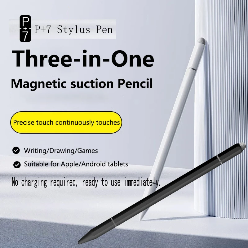 Caneta Stylus Universal P+7 para Android e iOS, Tela Capacitiva para Huawei, Xiaomi, Samsung, Três Pontas de Caneta com Caneta Esferográfica