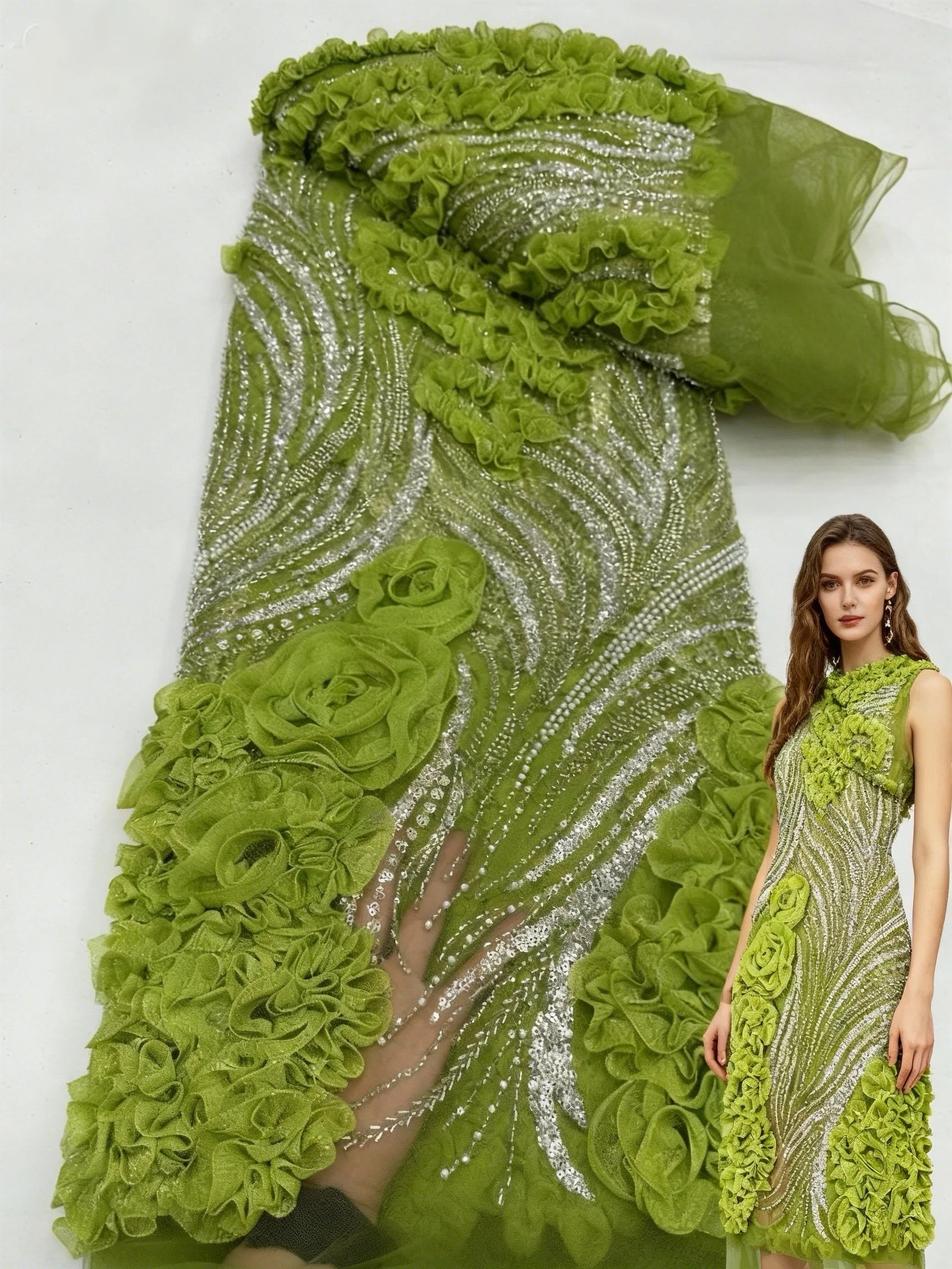 

3D цветы зеленого цвета, французская ткань с блестками, 2026, высококачественная кружевная африканская кружевная ткань с бусинами, кружевная ткань для свадебной вечеринки