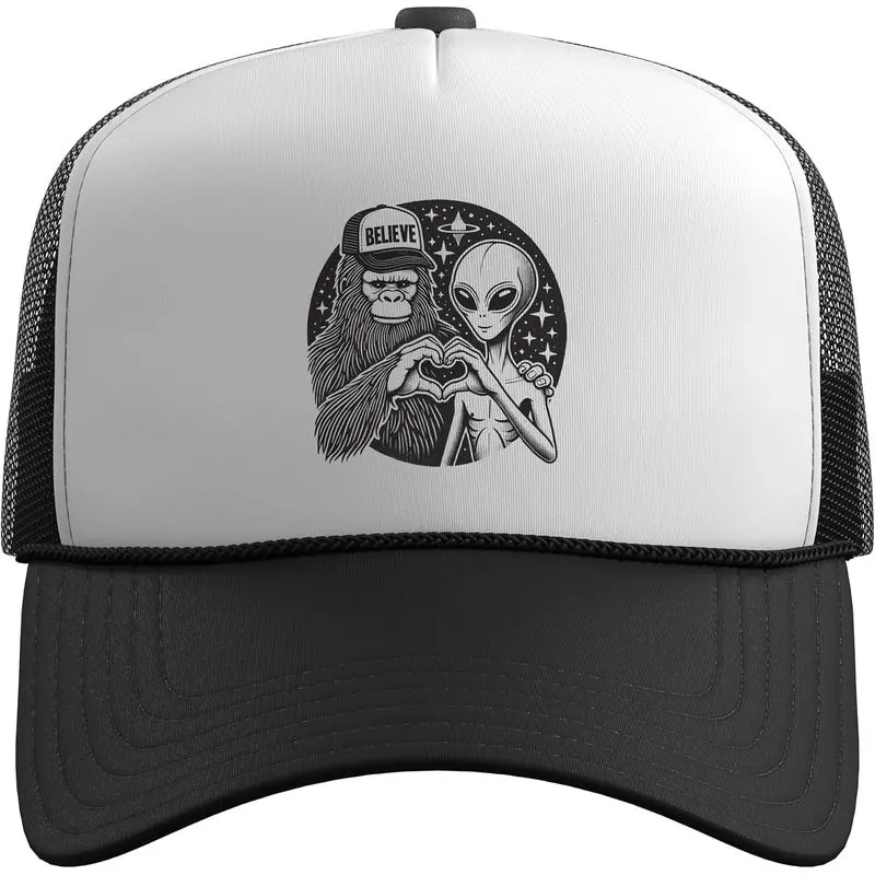 Believe | Funny Bigfoot & Alien, Hand Heart Sign & Love Trucker Hat with Adjustable Mesh Back