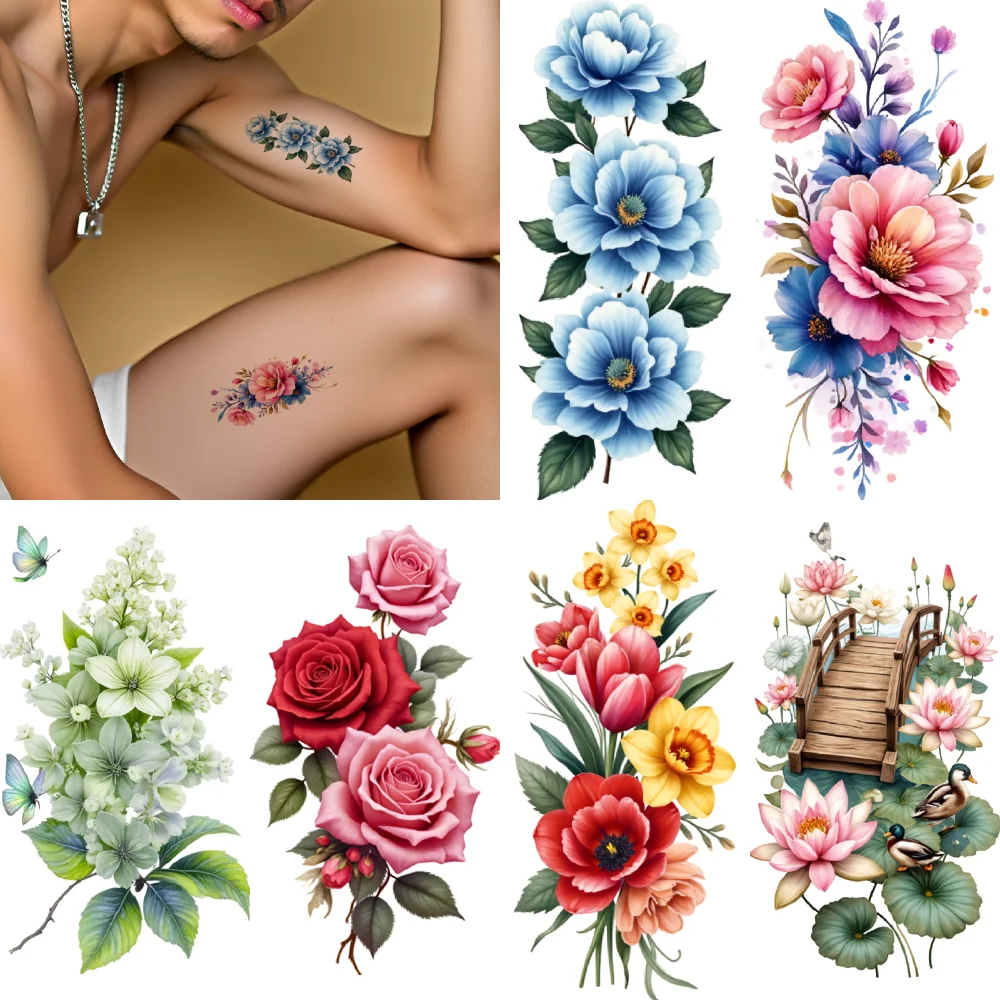 

9pcs Temporary Tattoo Blue Flowers Temporary Tattoo Stickers Orange Flowers Tulips Colorful Mixed Blossoms For Back Adult