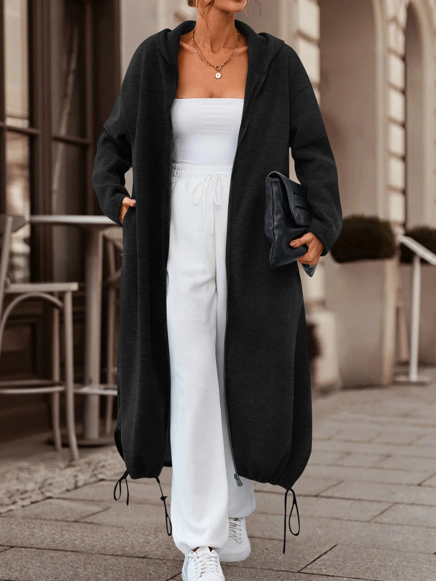 Women Y2K Oversized Long Hooded Sweatshirt Coat Full Zip Drawstring Hem Split Side Long Sleeve Streetwear Hoodie Jacket