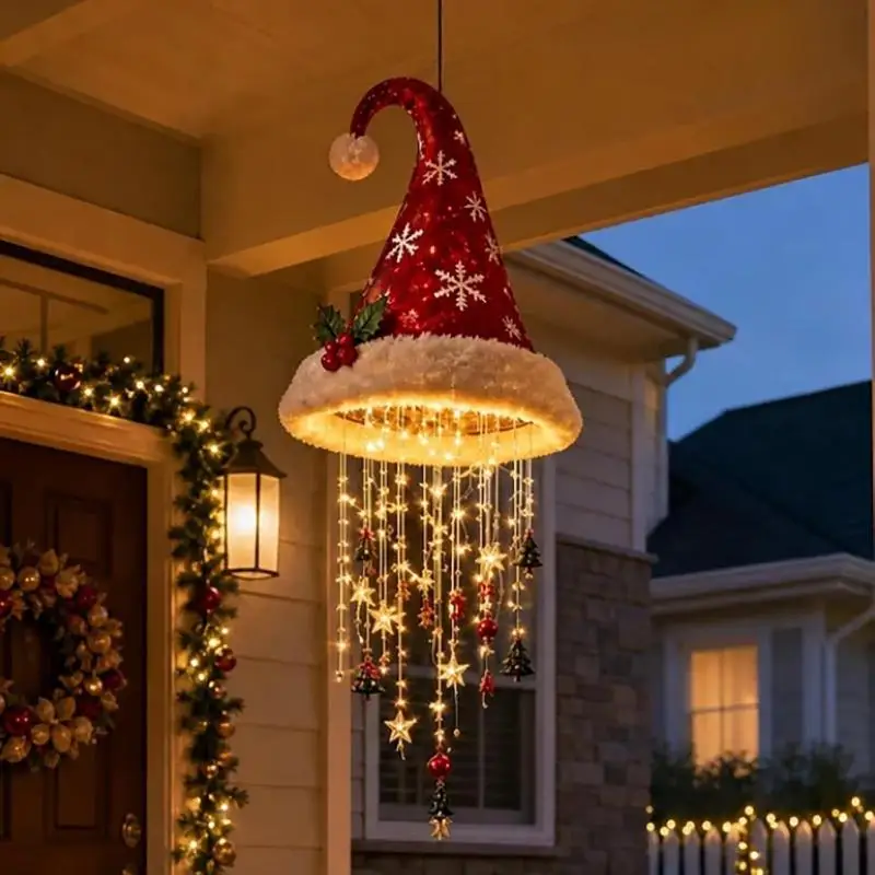 Lighted Santa Hat Hanging Chandelier,5 Styles Warm LED Christmas String Light With Festive Ornaments,Holiday Lighting Decor