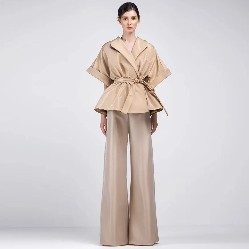 

Luxury champagne Satin Evening Dress Classic V-Neck Party Dresses Fashion Short Sleeves Customized Special Occasion Gowns