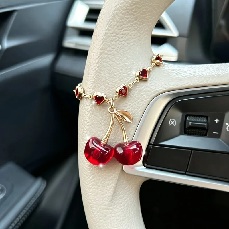 1 Red Cherry Car Decoration Pendant Exquisite High End Steering Wheel Accessory Lady Bracelet Bag Charm