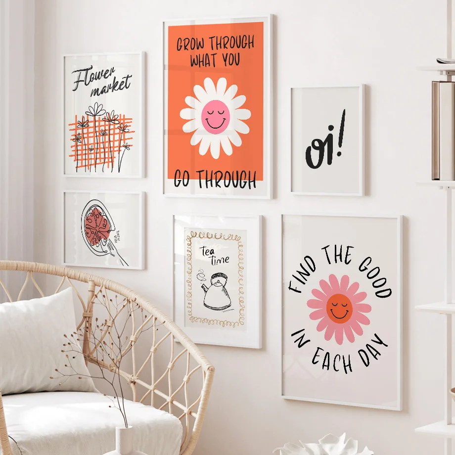 

Постеры на холсте для пиццы, клубника, джем, чайник с ромашками, линия цветов, абстрактная печать, настенные художественные картины, кухня, живой Роо