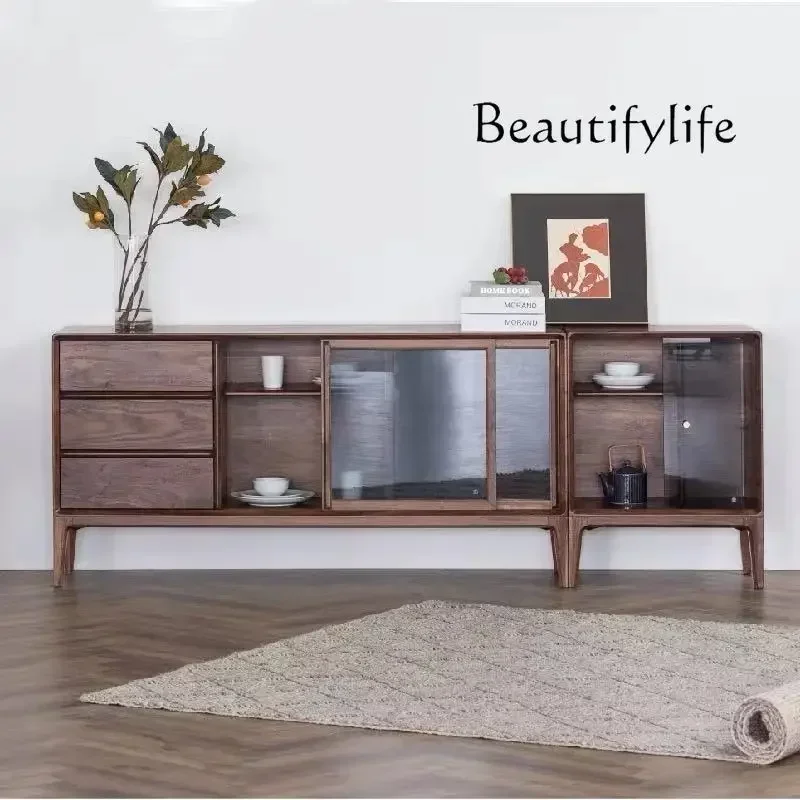 Nordic Black Walnut Wood Sideboard Cabinet Japanese-Style Solid Wood Cabinet Locker Simple Storage Tea Cabinet