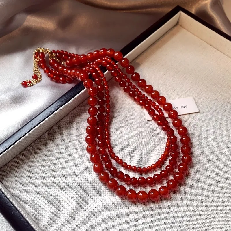 

New Chinese Style Red Agate Chalcedony Necklace Emerald Color White National Style Beaded Red Happy Zodiac Year of Birth Clavicl