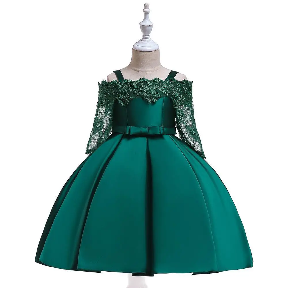 New Summer Autumn Girls Dress Fashion Off Shoulder Flower Lace Cuffs Party Customized Princess Dress For 4-10 Years Old Kids