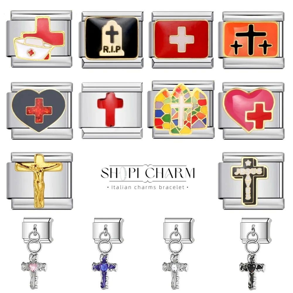 Shopi Design Colorful Glaze Cross Pendant Italian Charm Bracelet Link Jewelry Stainless Steel DIY Women Wholesale Drop Shipping